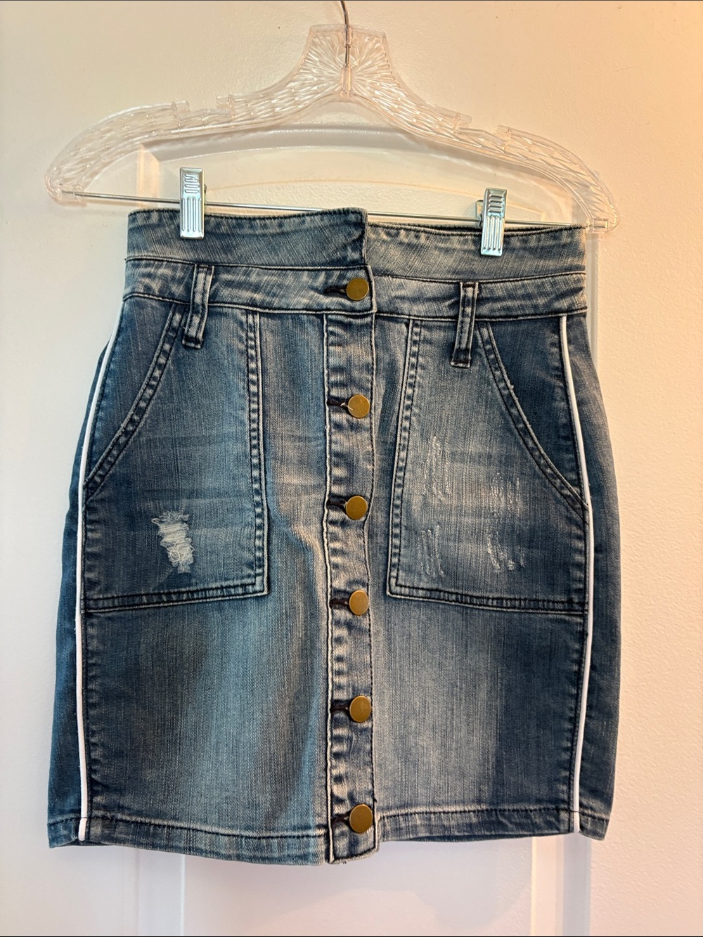 Vintage Havana Washed Blue Button-Front Mini Skirt